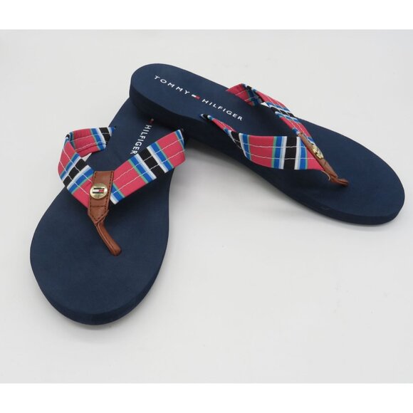 Tommy Hilfiger Women's Flip Flops Plaid Straps Navy Sole Thong Sandals Size 9 NE - Picture 5 of 6